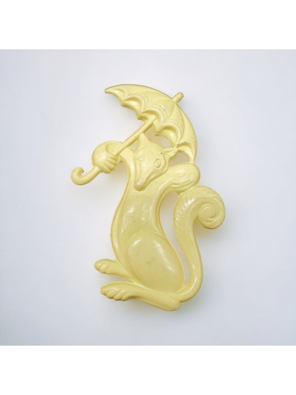 Vtg Whimsical Butter Yellow Fox Umbrella Parasol Pin Brooch Statement 2.5"×2"